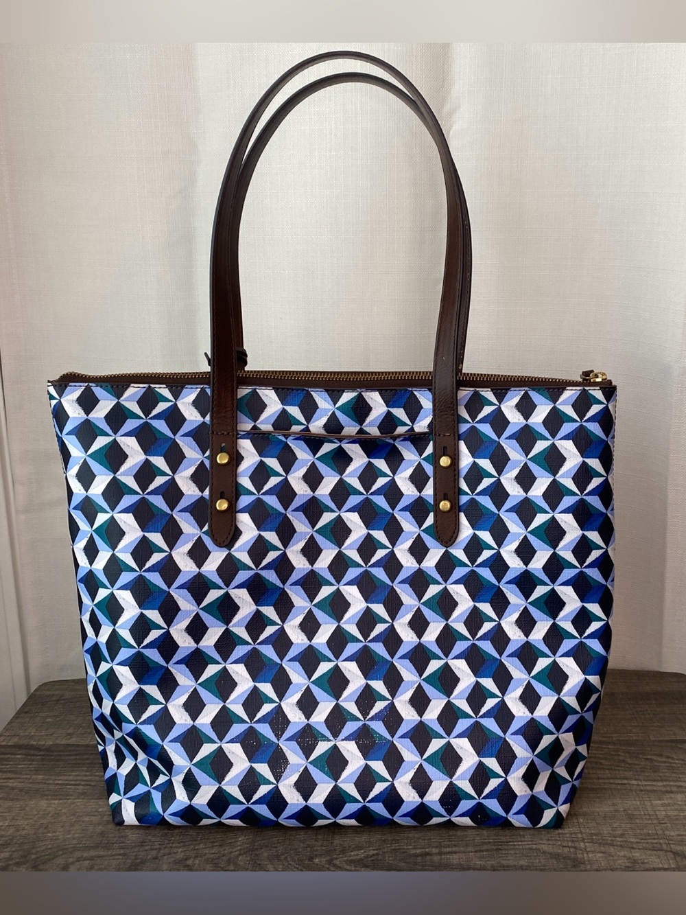 Fossil Geometric Pattern Tote Bag in Blue and White Large Shopper